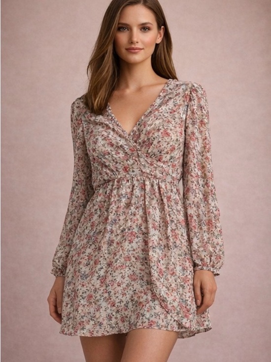 miami Dresses & Skirts - Miami Floral Long Sleeve Dress Boho Flowy Mini Spring Romantic Feminine S